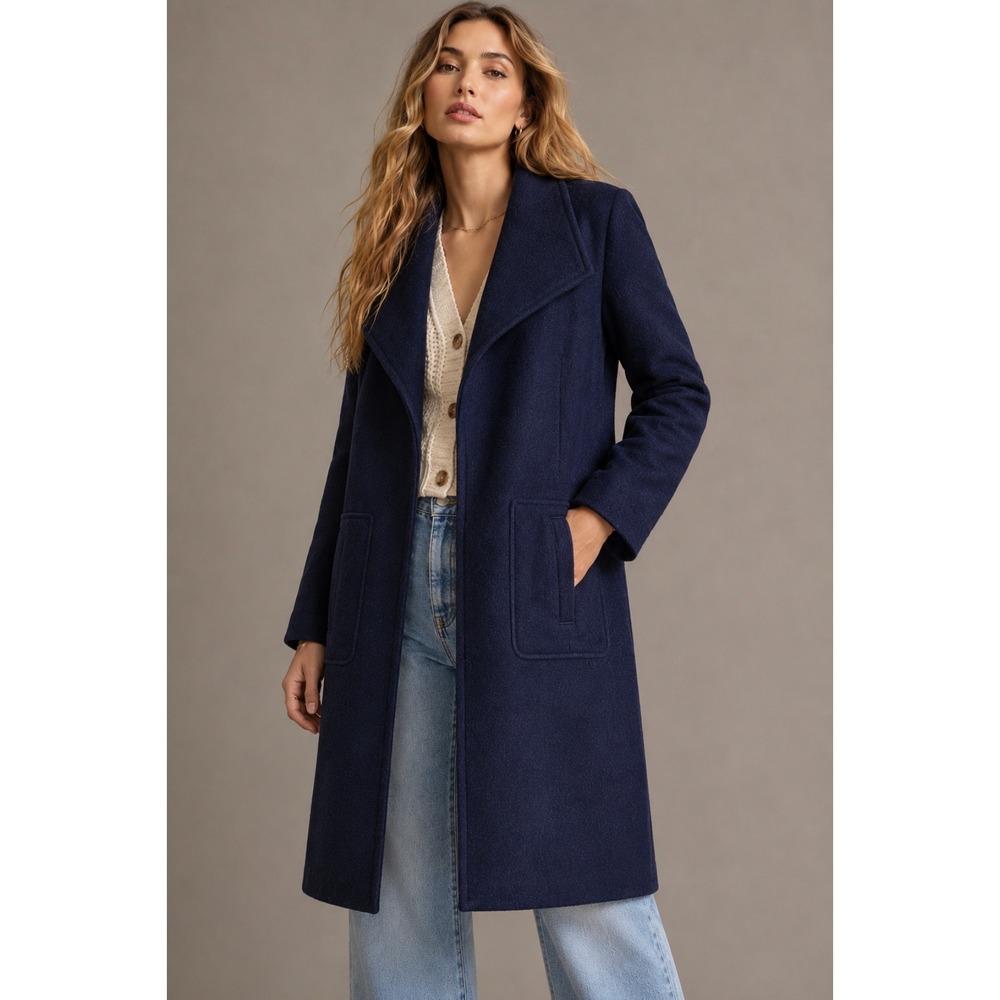 Bernardo Wool Blend Coat L Navy Blue Longline Notch Lapel Textured Pocket Winter